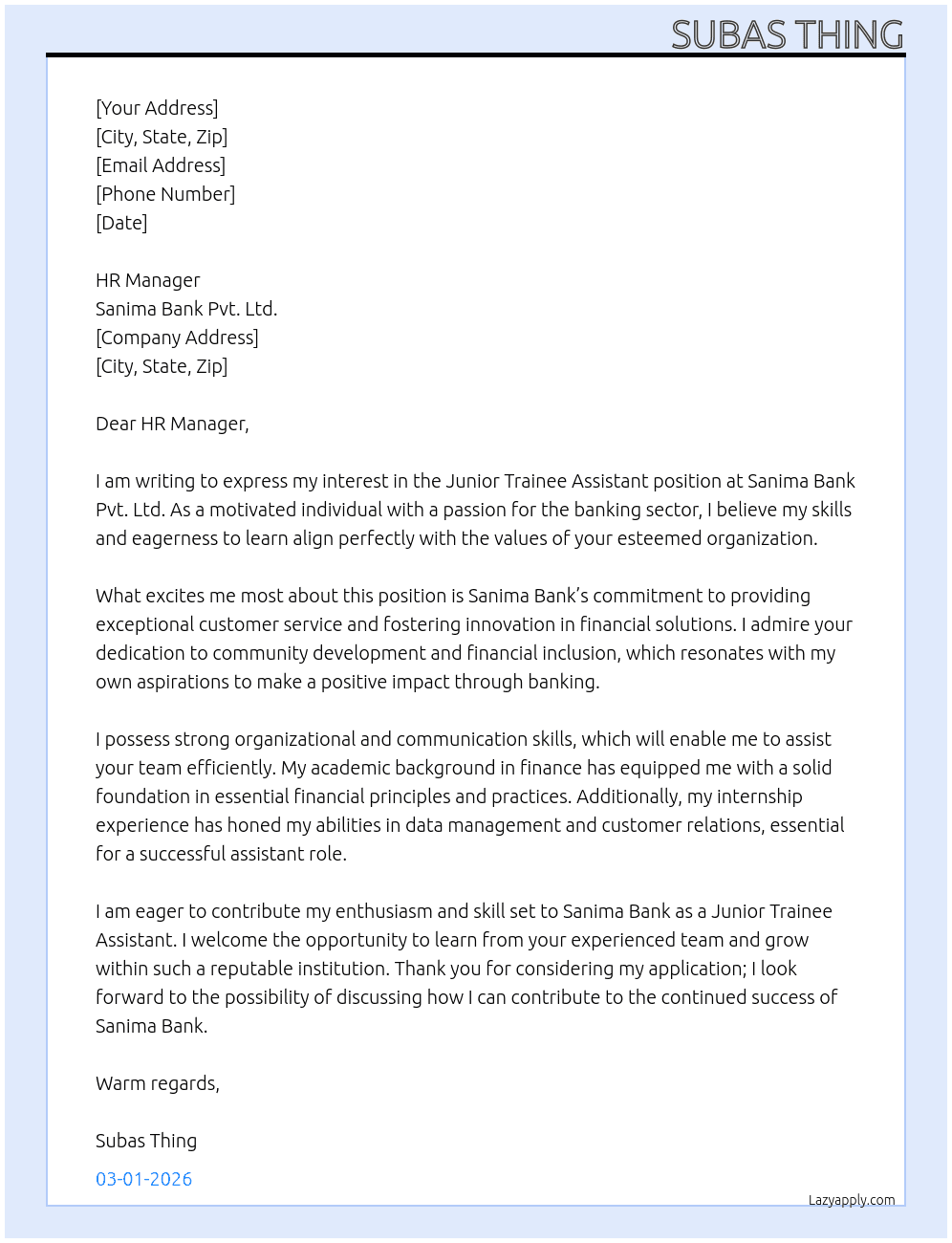 Junior trainee assistant At Sanima bank Pvt. Ltd. Cover Letter