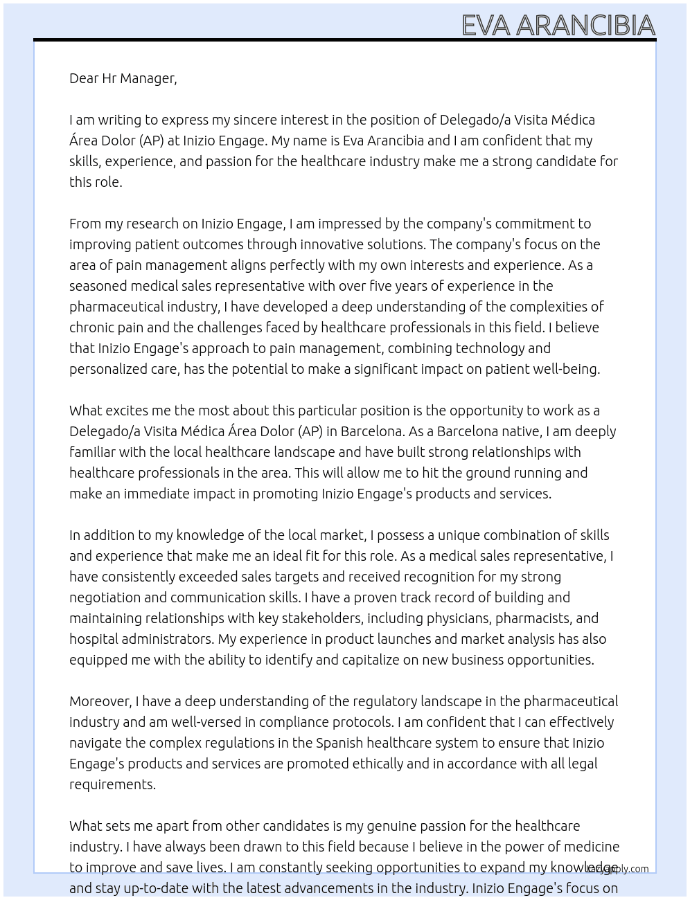Delegado/a Visita Médica Área Dolor (AP) - Barcelonat Manager At inizio engage Cover Letter