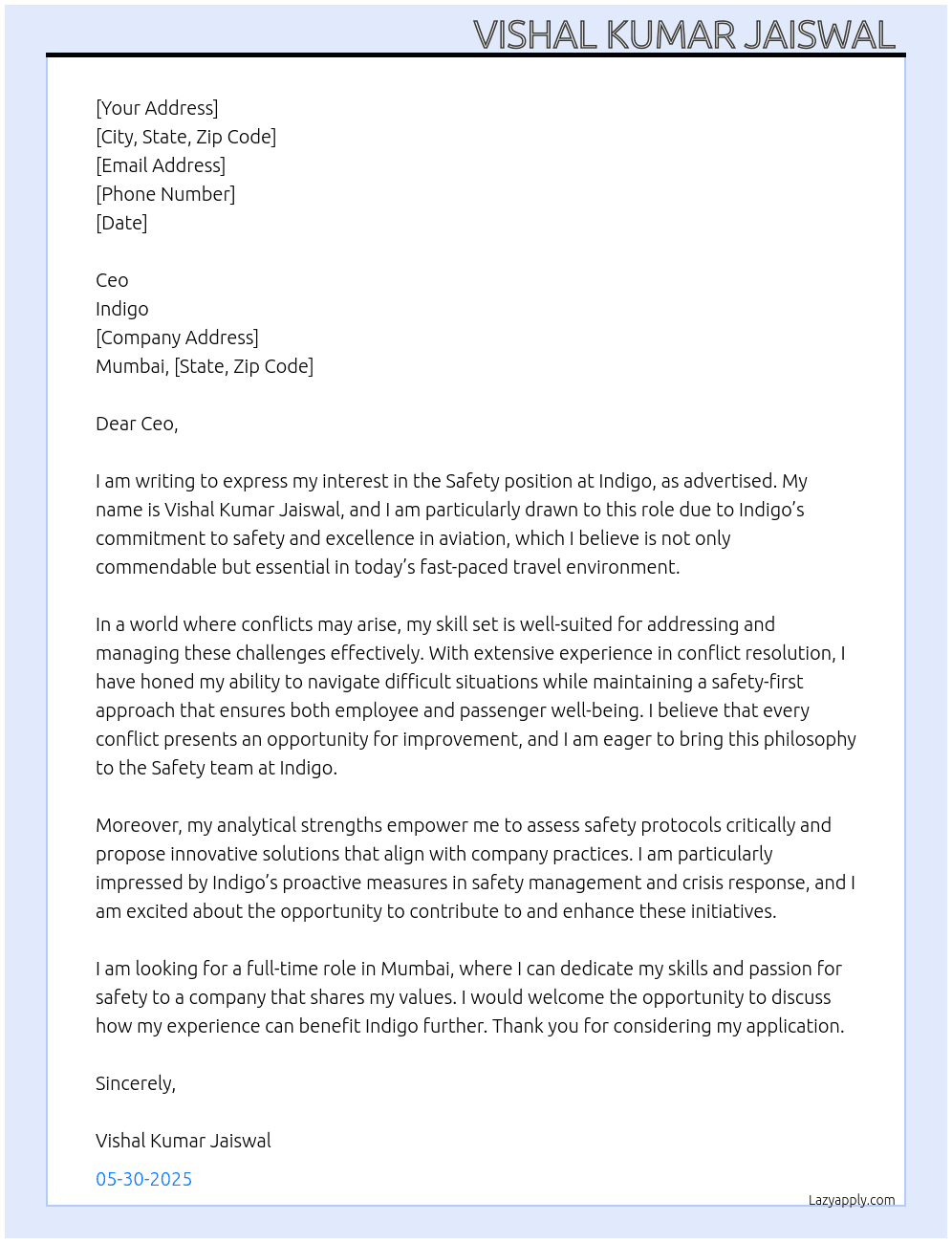 Cover letter for sefty - LazyApply