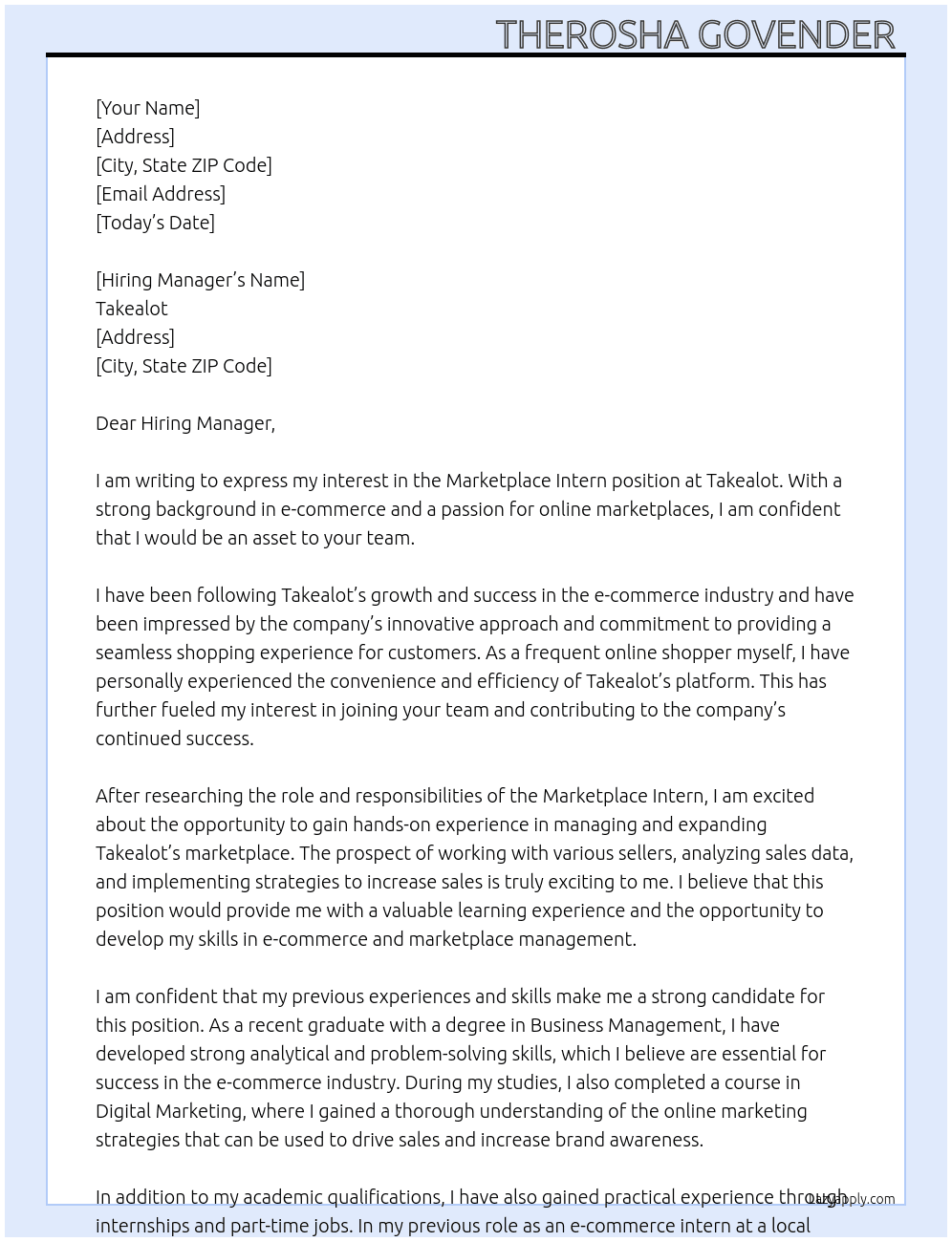 marketplace intern At Takealot Cover Letter