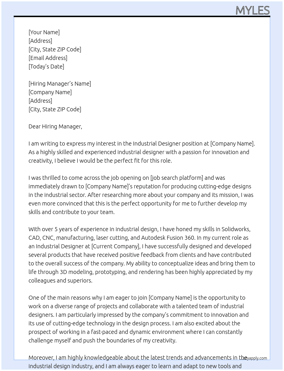 Industrial Designer At xxxx Cover Letter