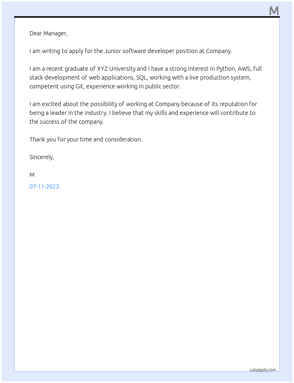 Junior software developer At Company Cover Letter