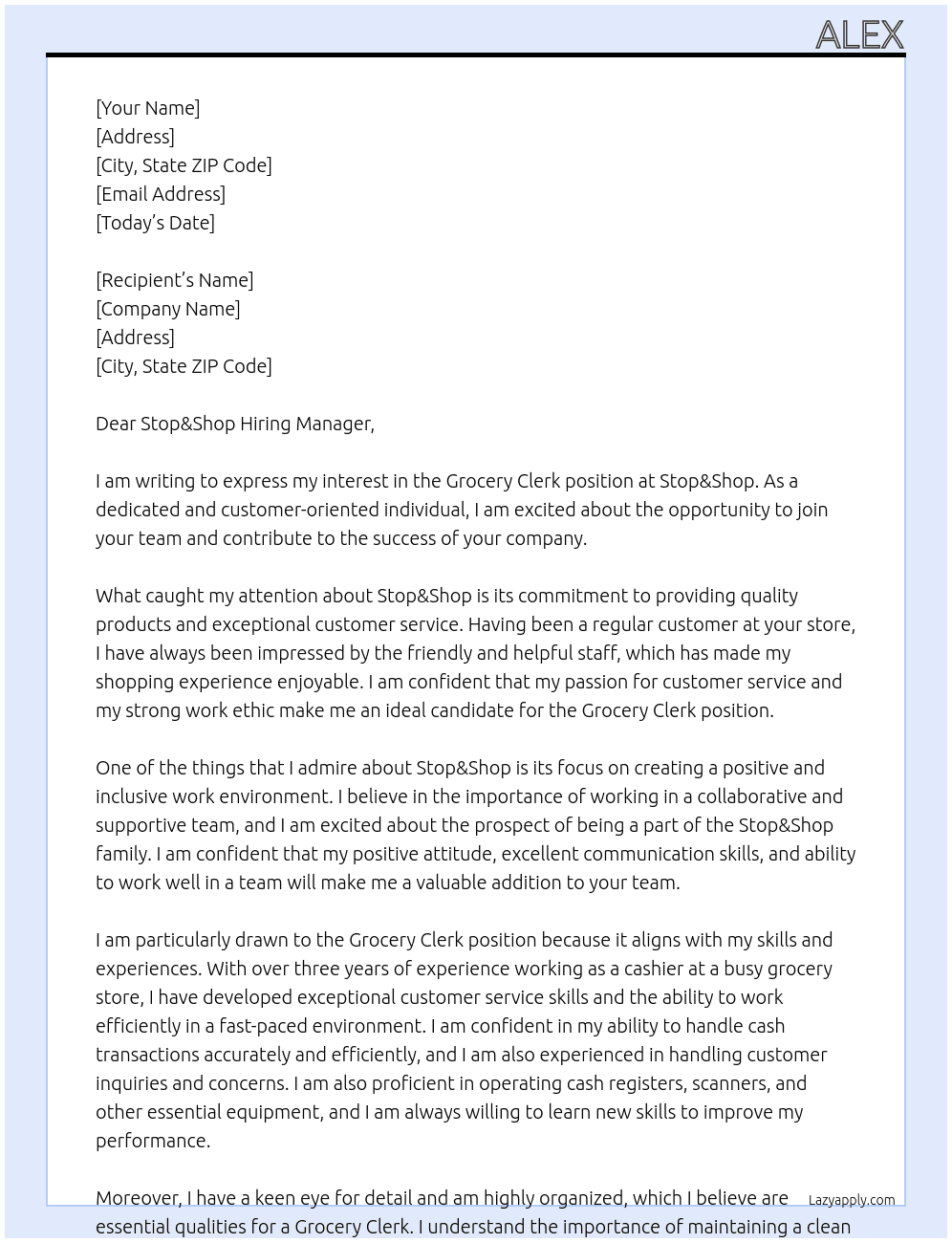 Grocery Clerk At Stop&Shop Cover Letter