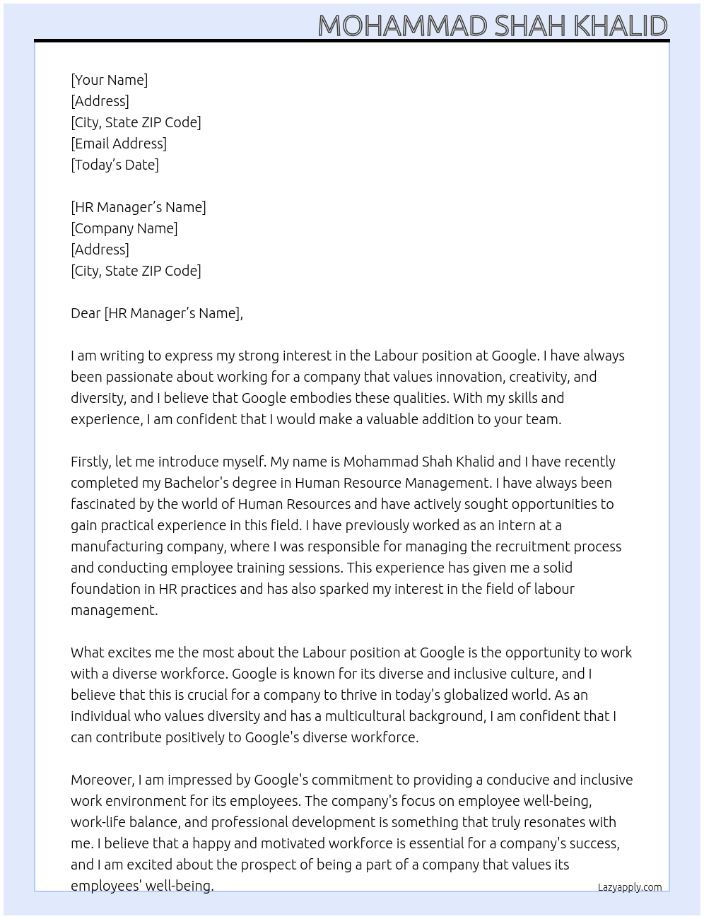 labour At google Cover Letter