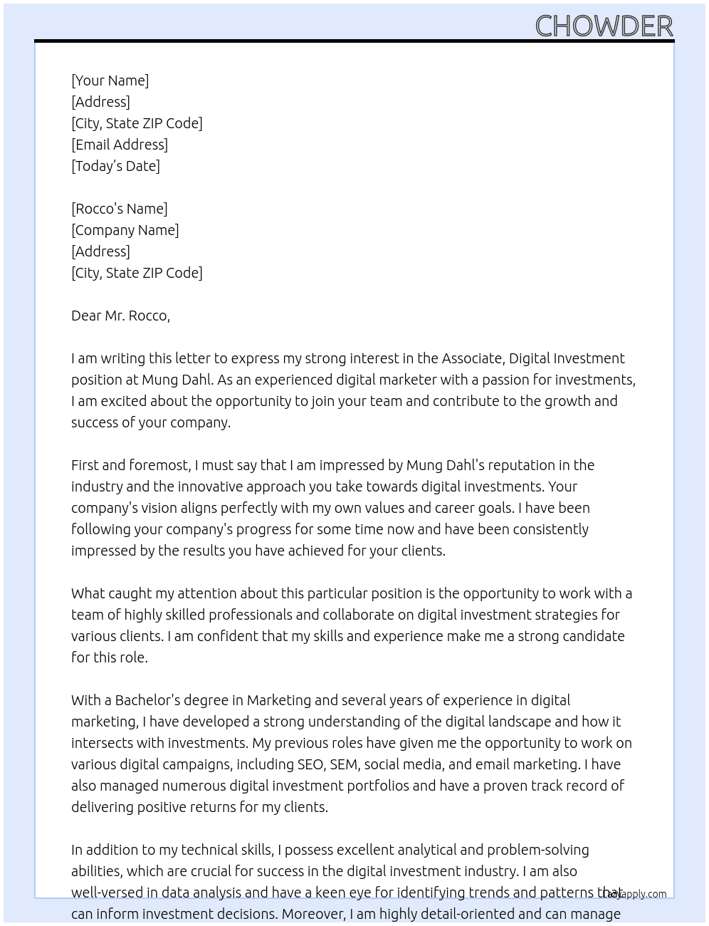 associate, digital investment At mung dahl Cover Letter