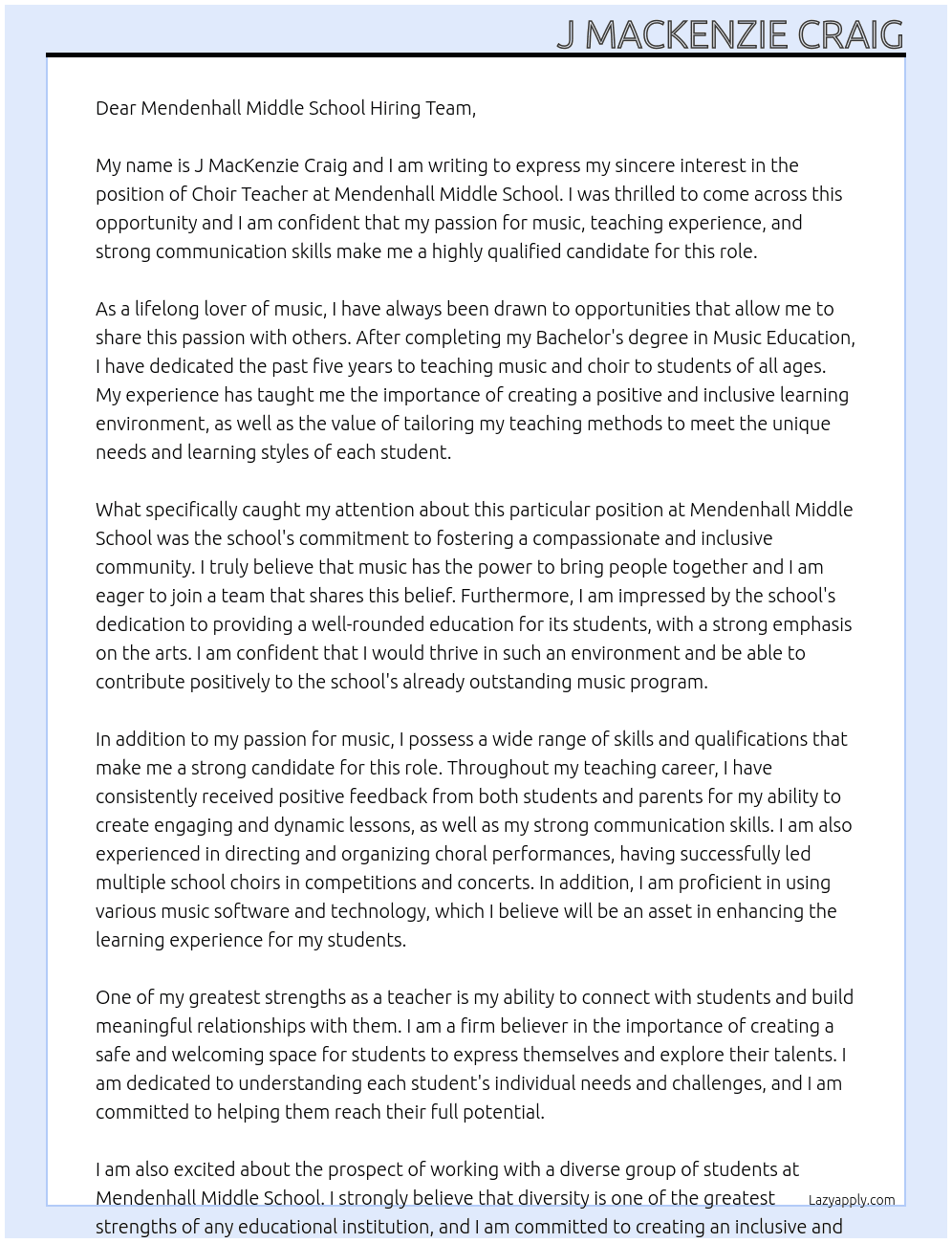 Choir Teacher At Mendenhall Middle School Cover Letter
