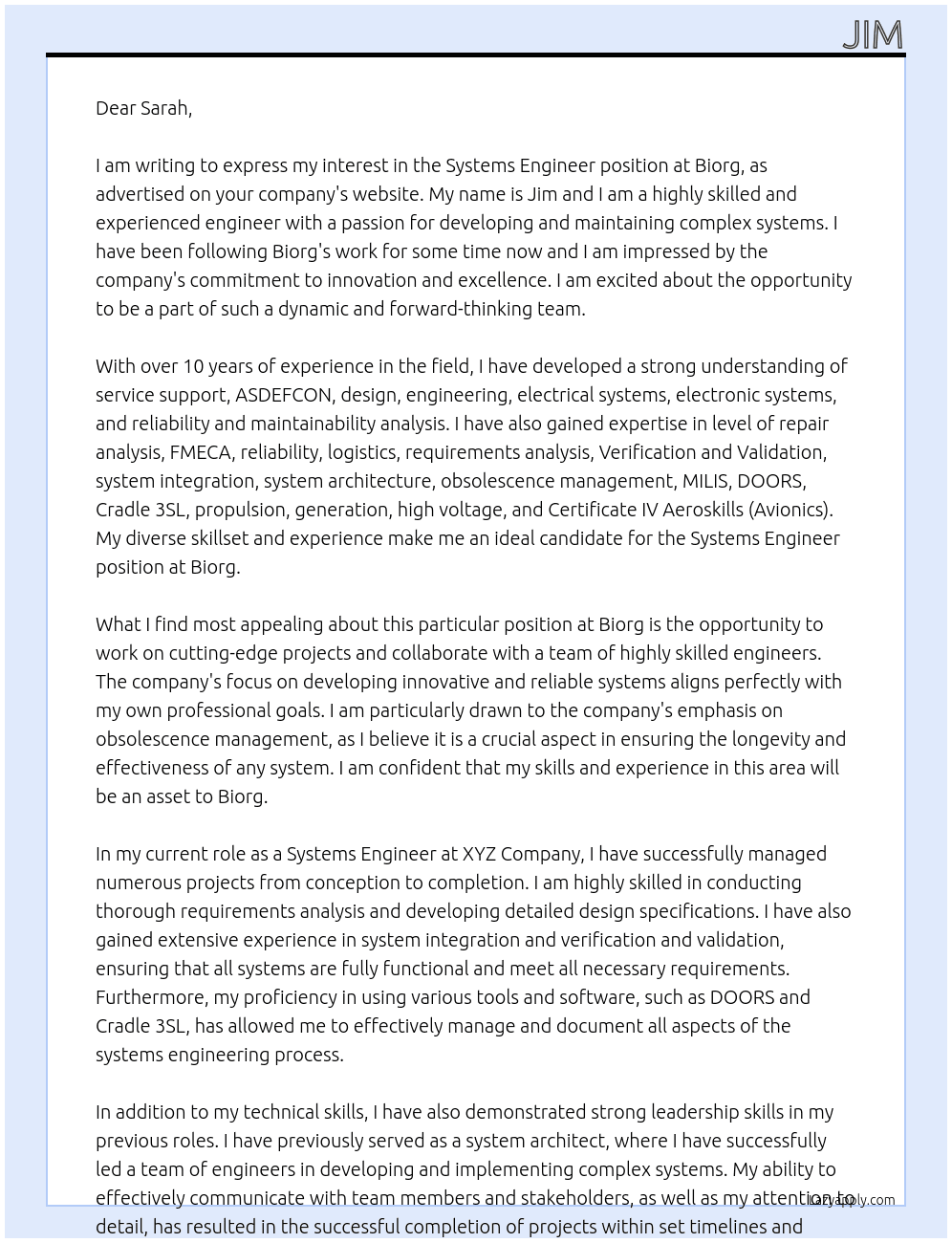 Systems Engineer At Biorg Cover Letter