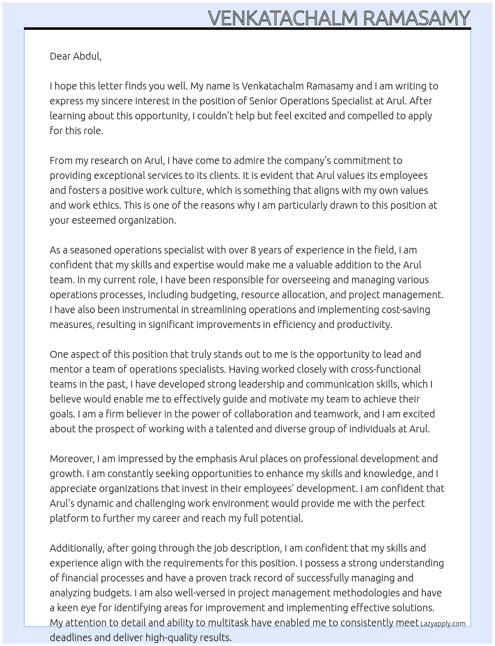Senior Operations Specialist	 At Arul Cover Letter