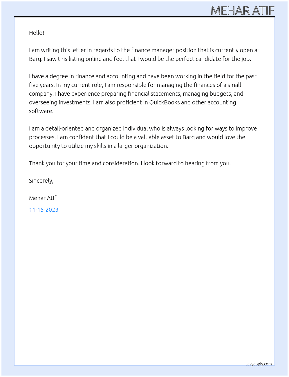 finance manager At barq Cover Letter