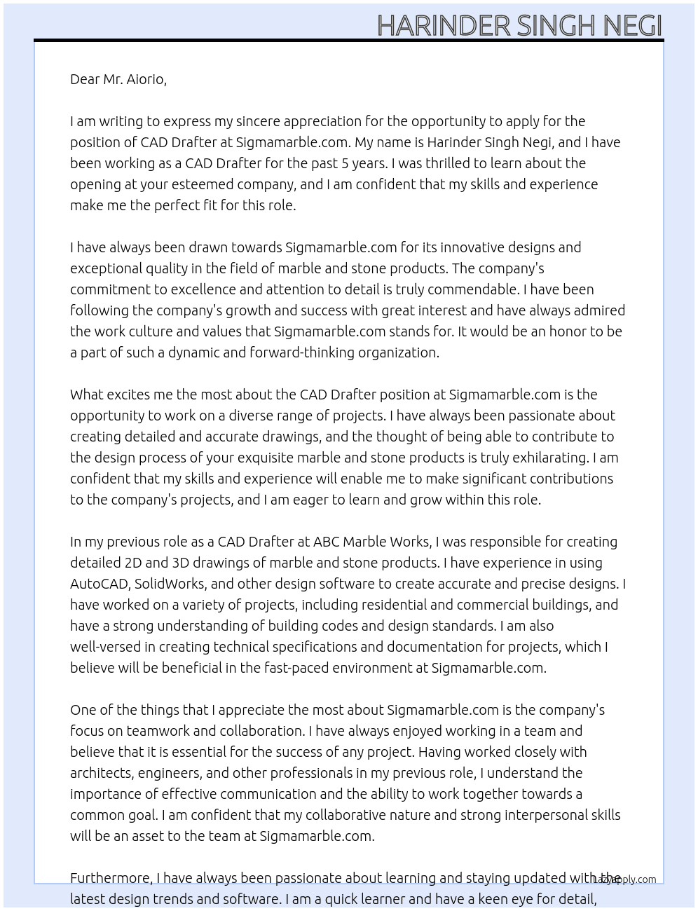cad drafter At sigmamarble.com Cover Letter