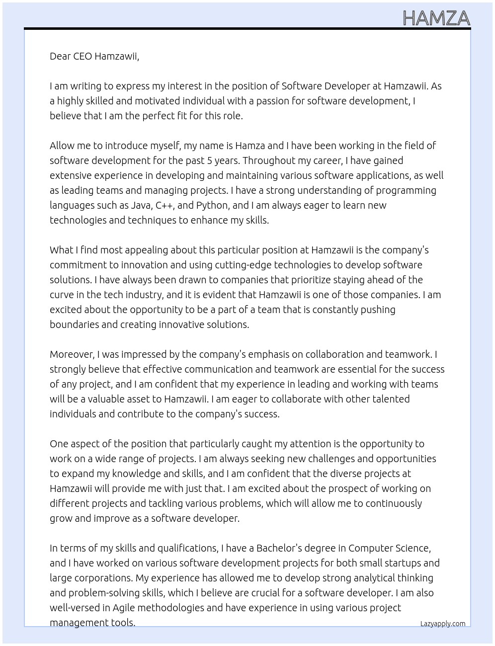 saftware developer At Hamzawii  Cover Letter