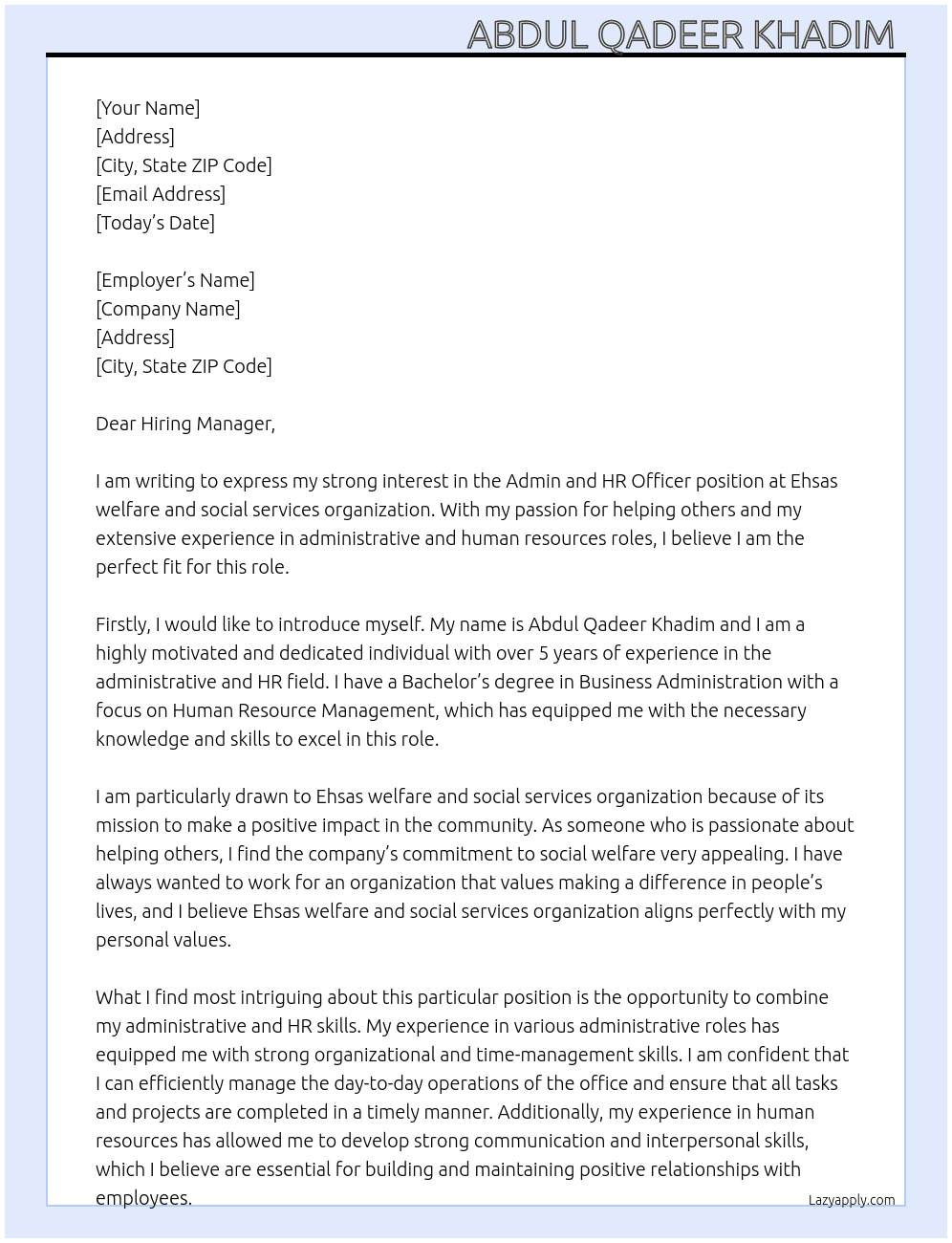 Admin and HR officer  At Ehsas welfare and social services organization  Cover Letter