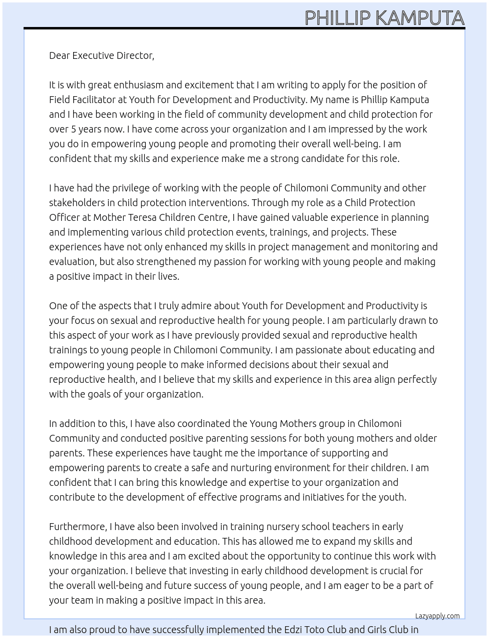 FIELD FACILITATOR At Youth for Development and productivity Cover Letter