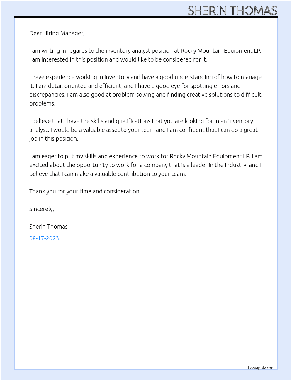 Inventory analyst At Rocky Mountain Equipment LP Cover Letter