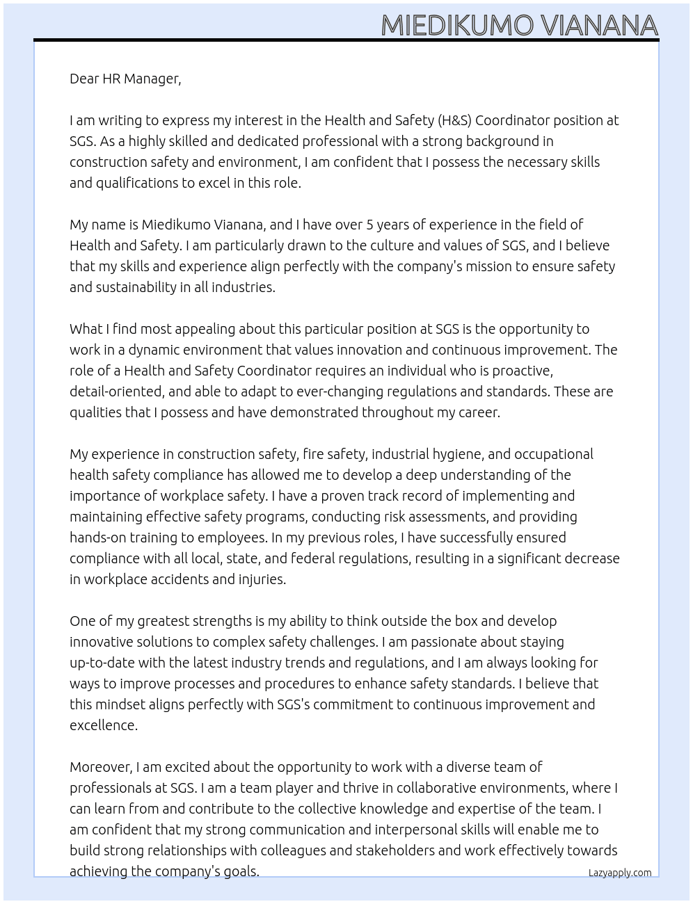 Health and Safety (H&S) Coordinator At SGS Cover Letter