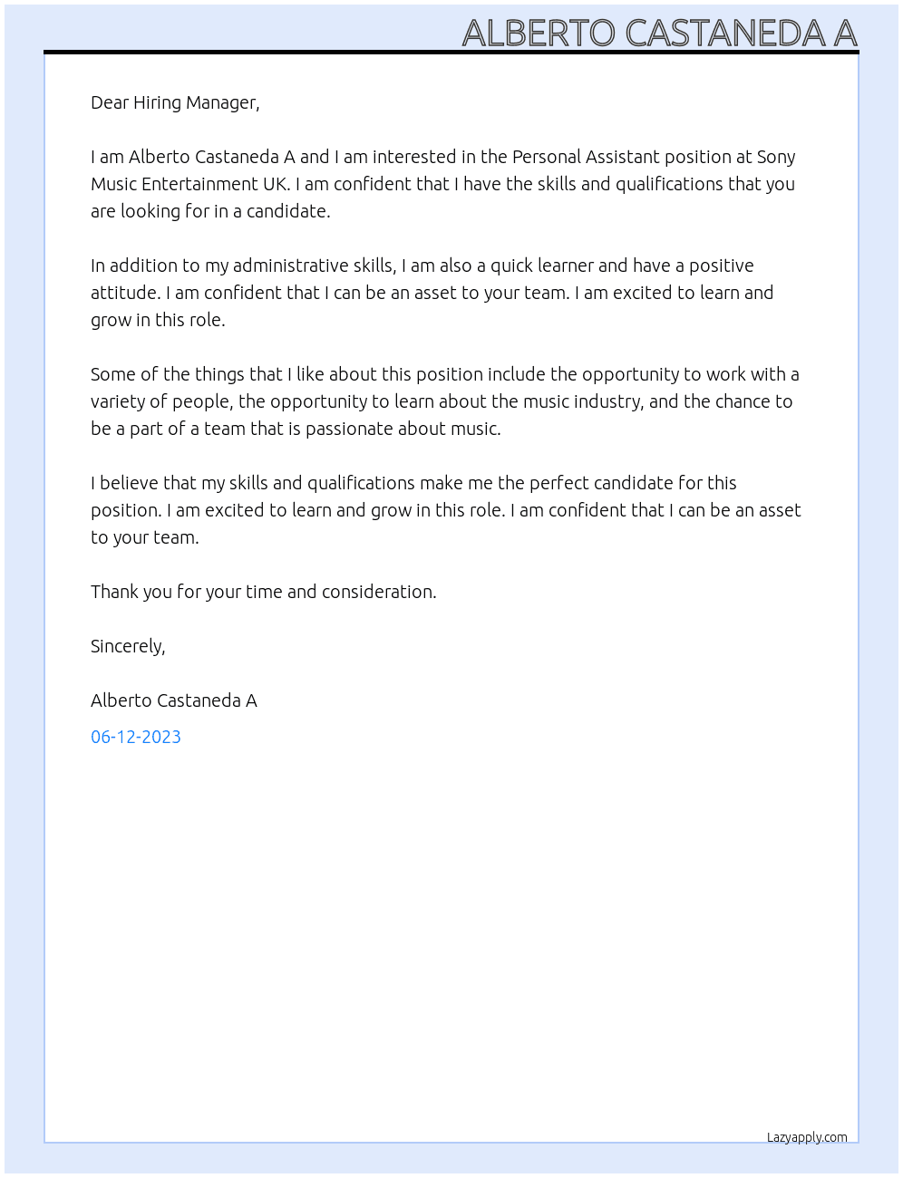 Personal Assistant At Sony Music Entertainment UK Cover Letter