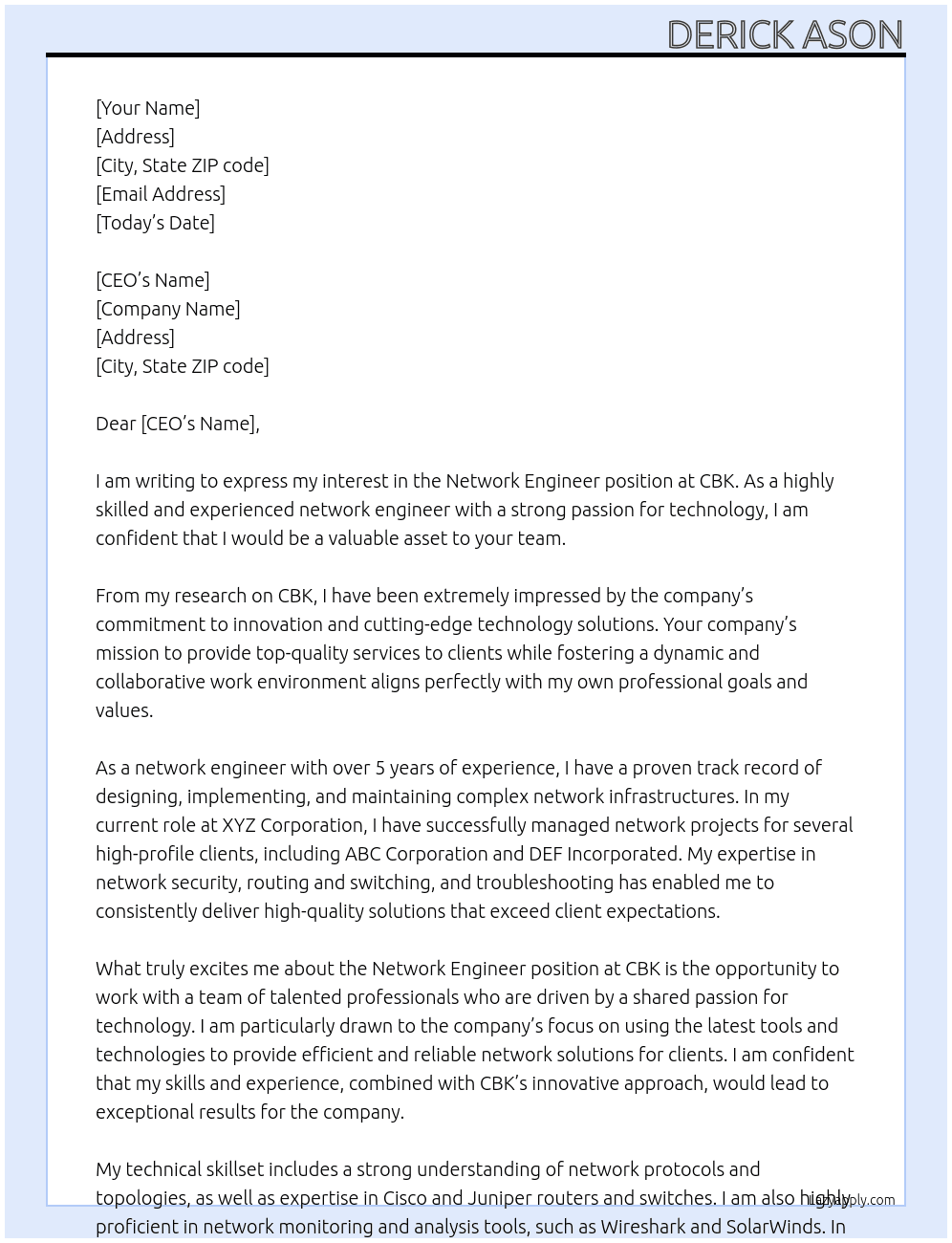 network engineer At CBK Cover Letter