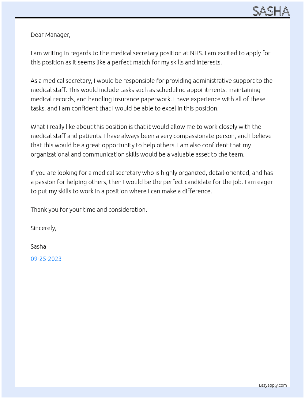 medical secretary At nhs Cover Letter