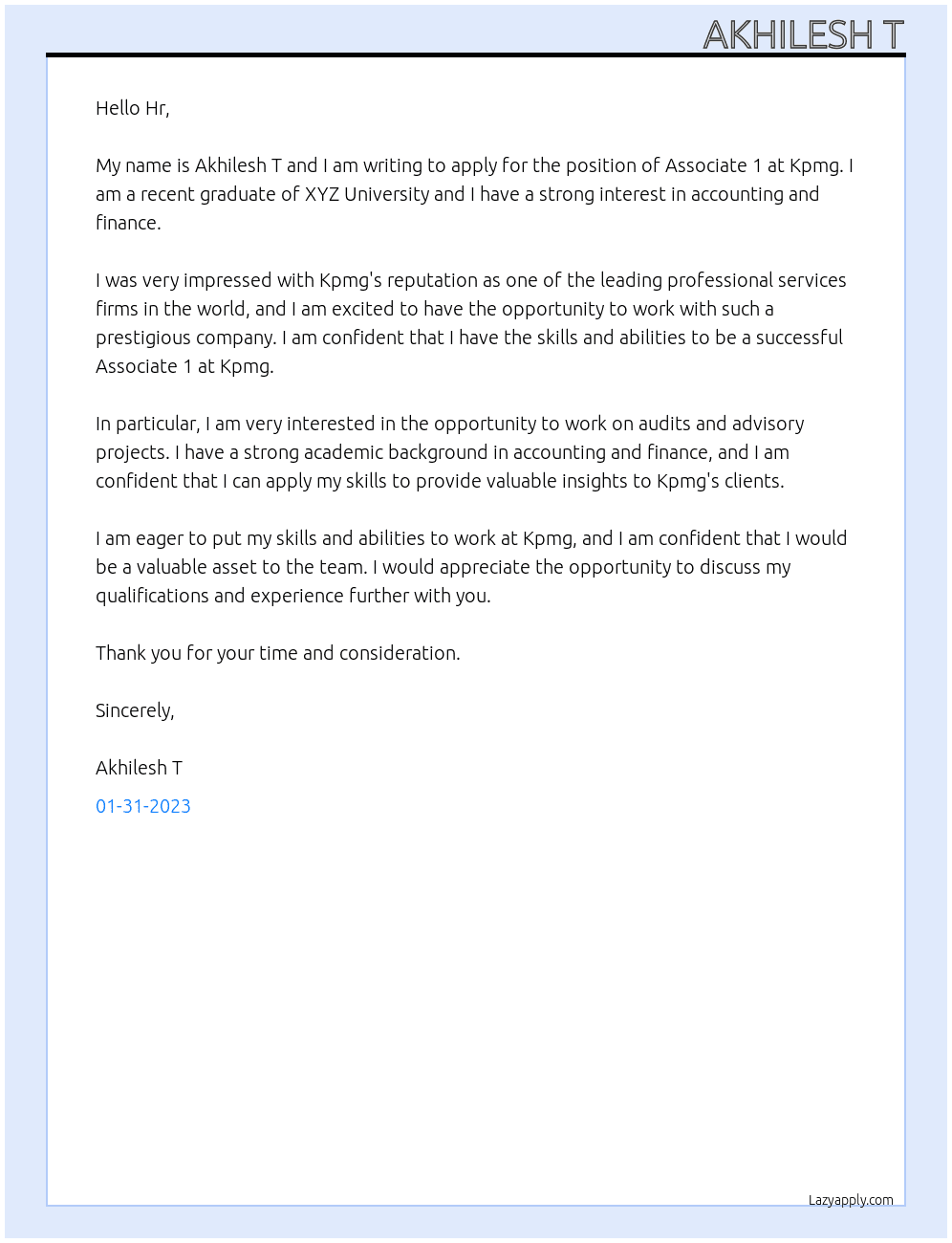 Associate 1 At Kpmg Cover Letter