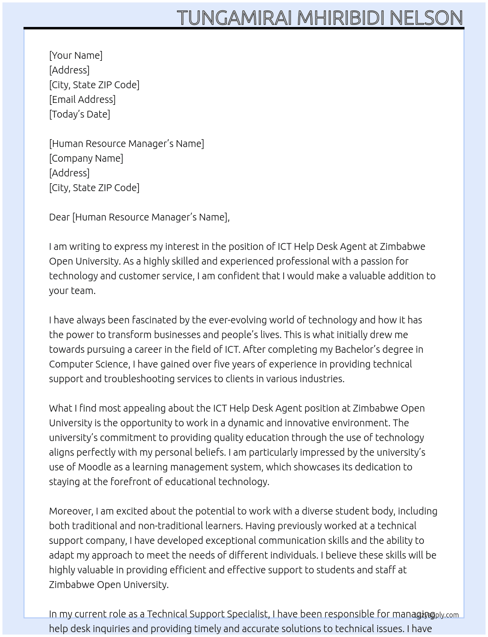 Cover letter for ict help desk agent - LazyApply