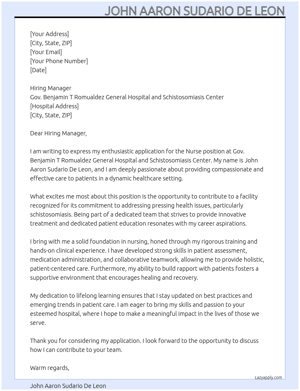 Nurse At Gov. Benjamin T Romualdez General Hospital and Schistosomiasis Center Cover Letter