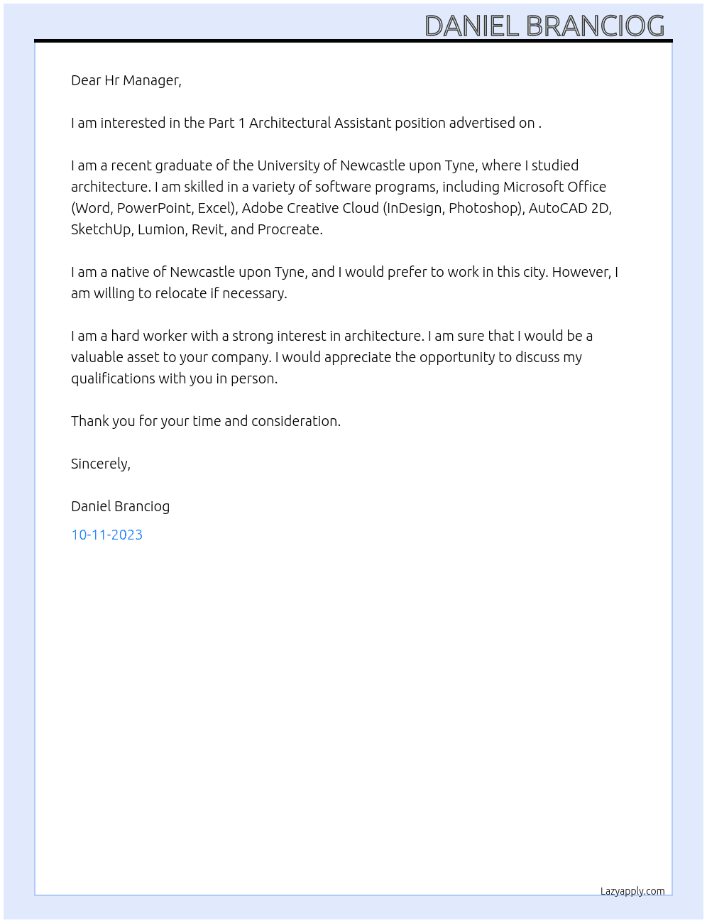 Cover letter for part 1 architectural assistant - LazyApply