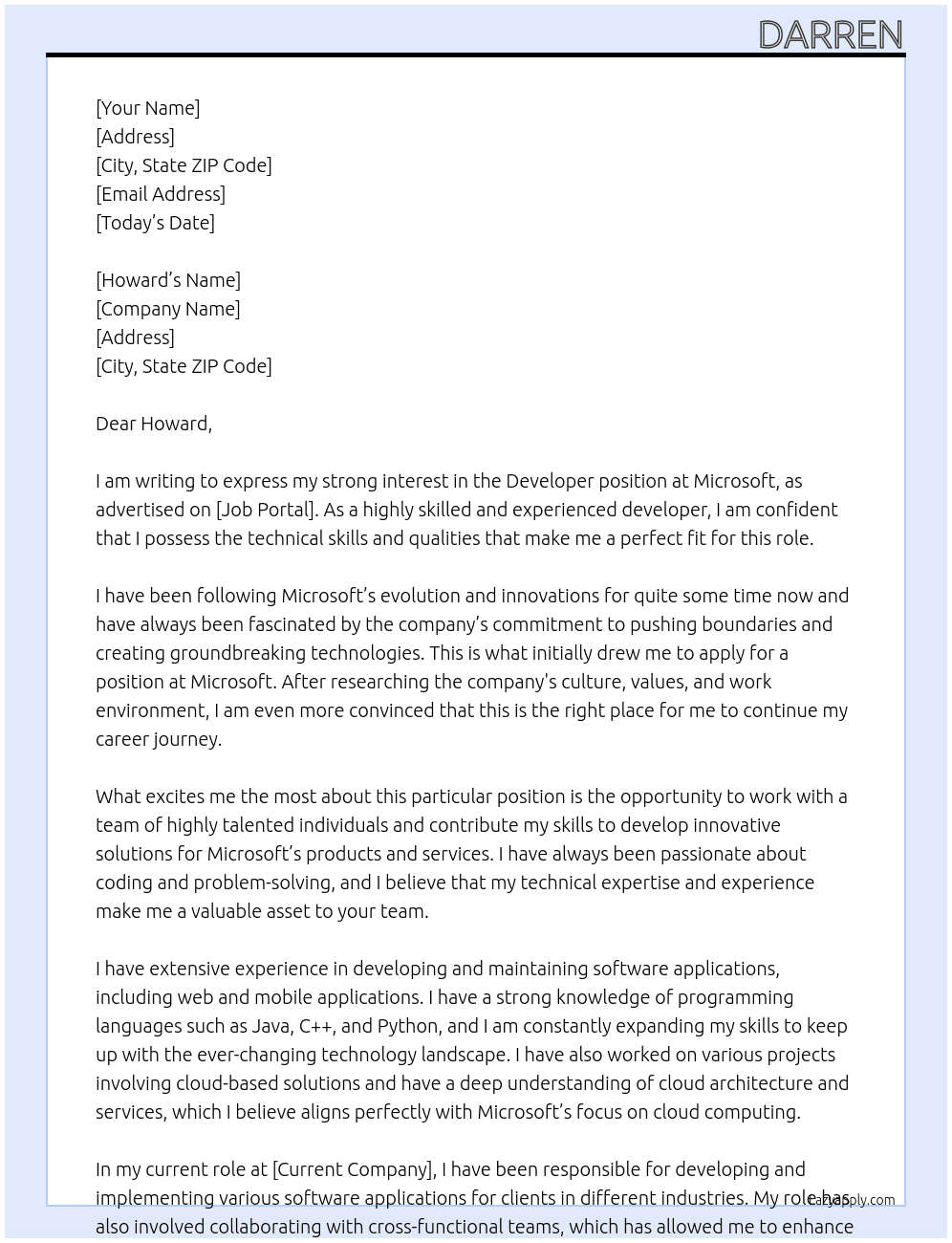 developer At microsoft Cover Letter