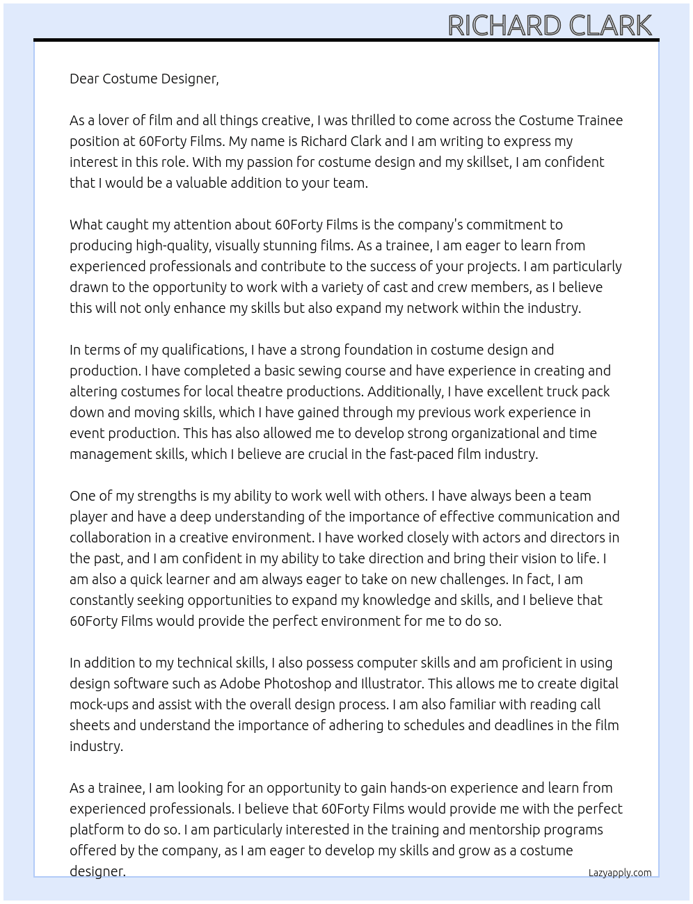 Costume Trainee  At 60Forty Films Cover Letter