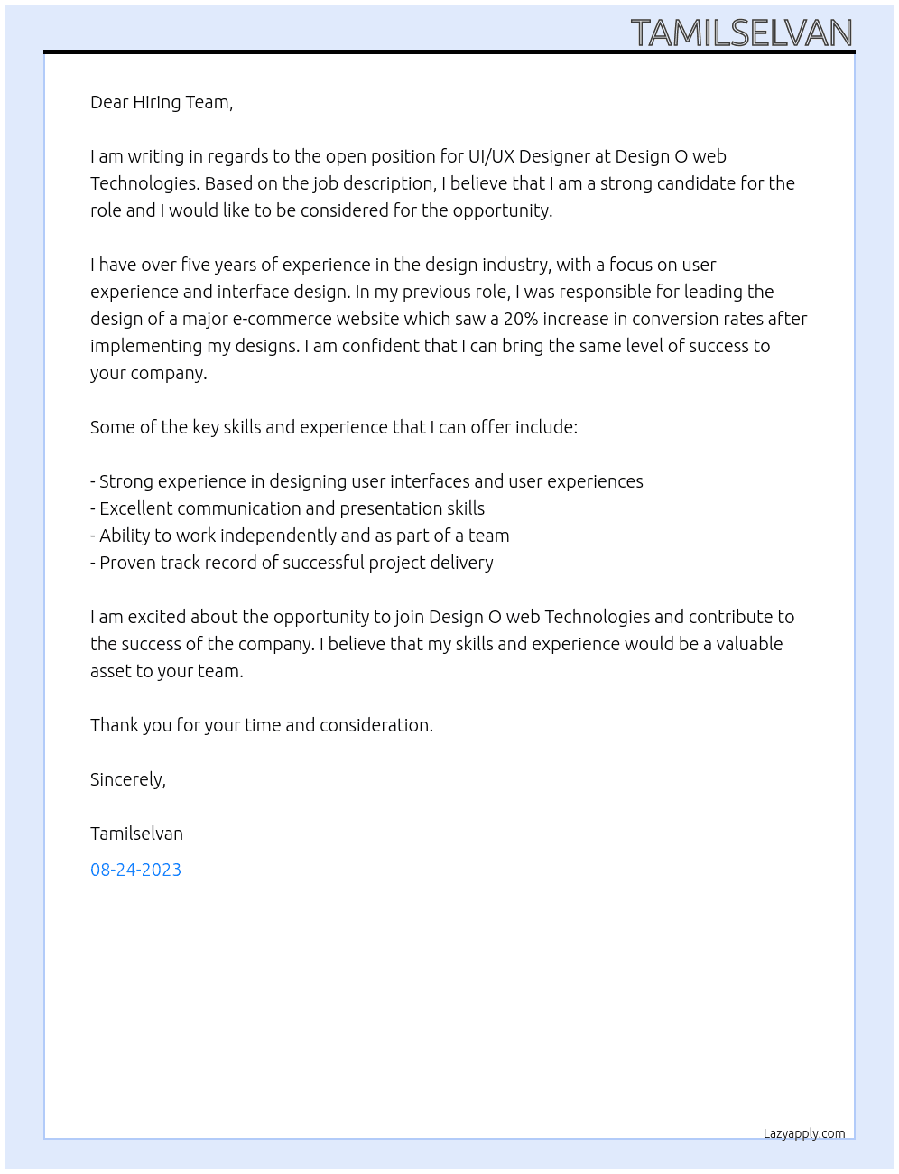 UI/UX Designer At Design O web Technologies Cover Letter