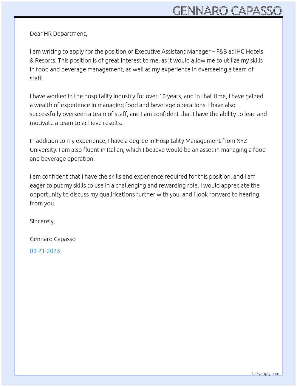 xecutive Assistant Manager – F&B At IHG Hotels & Resorts Cover Letter