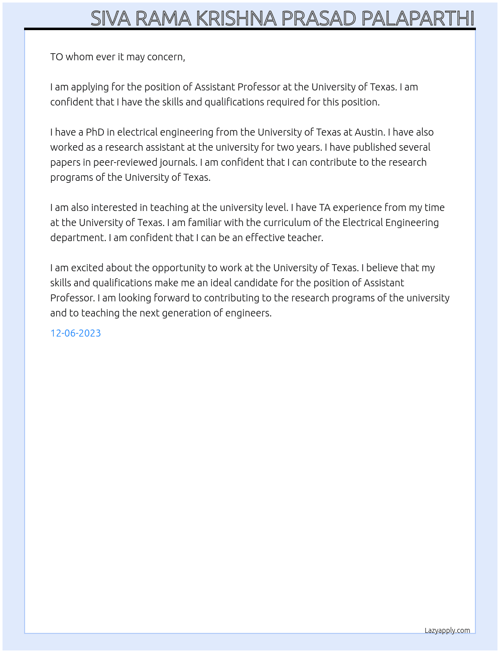 Assitant Professor At University of Texas Cover Letter