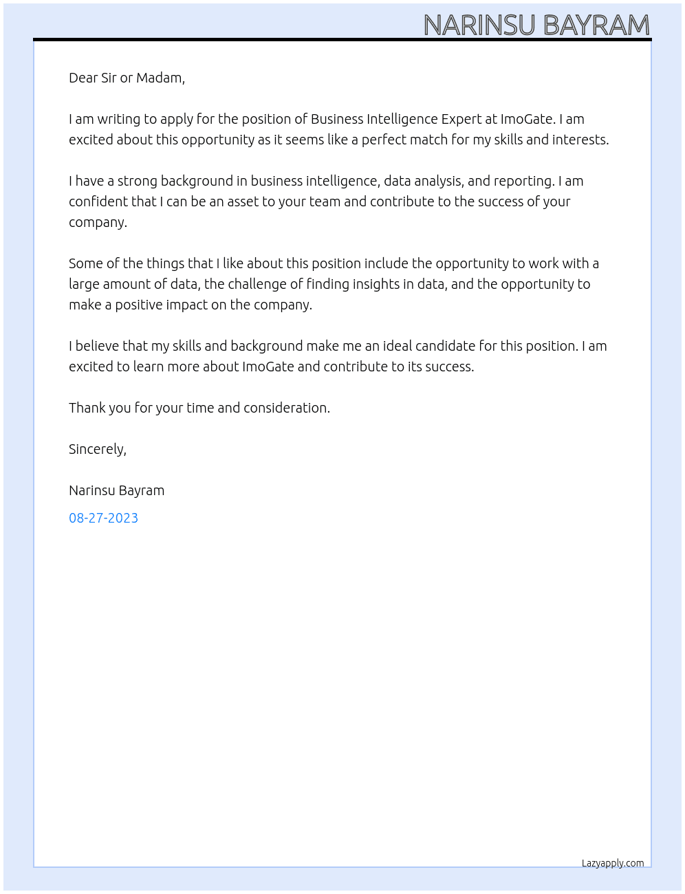 Business Intelligence Expert At ImoGate Cover Letter