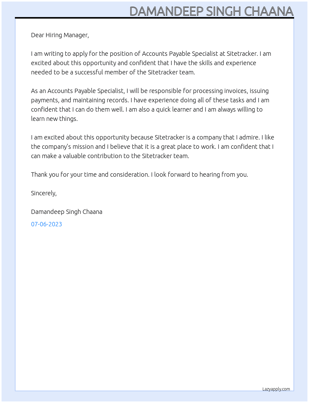 Accounts Payable Specialist At Sitetracker Cover Letter