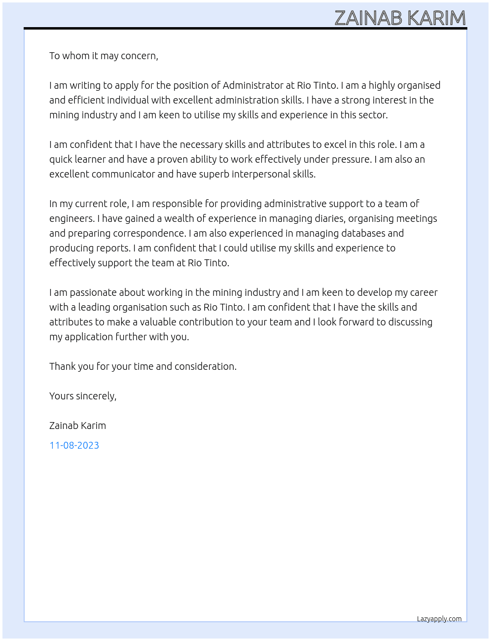 Administrator At Rio Tinto  Cover Letter