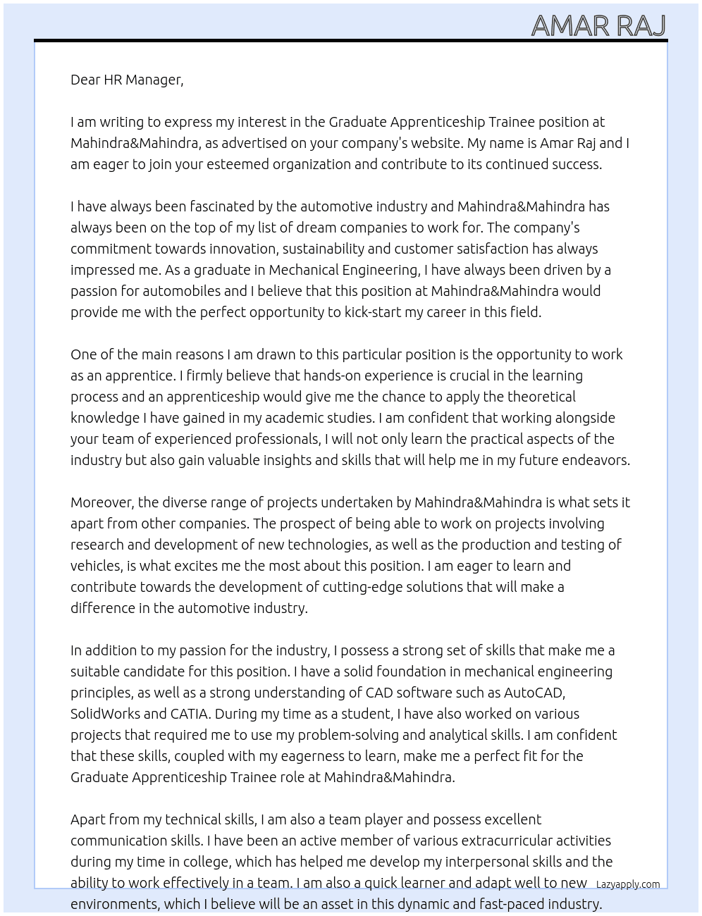Graduate Apprenticeship Trainee At Mahindra&Mahindra Cover Letter