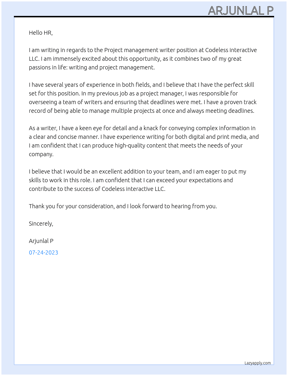 Project management writer  At Codeless interactive LLC  Cover Letter