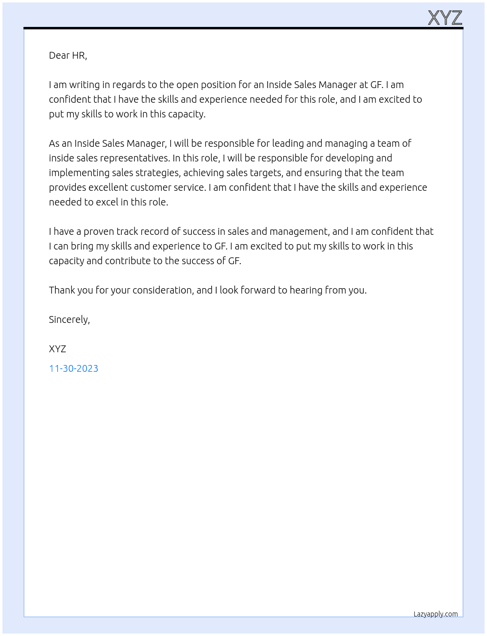 Inside Sales Manager At GF Cover Letter