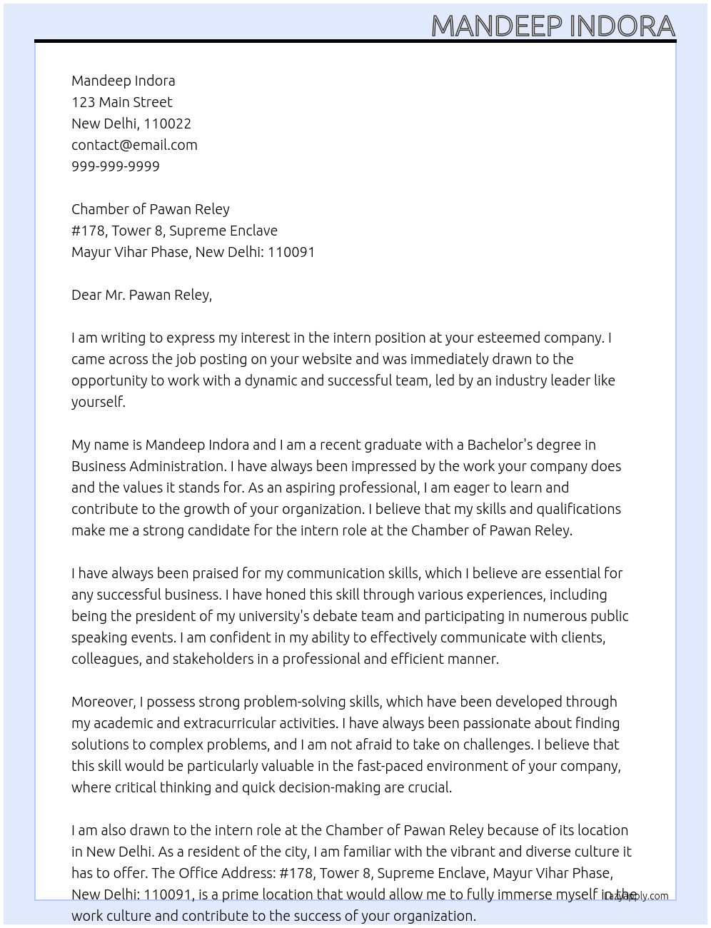 intern At chamber of pawan reley Cover Letter