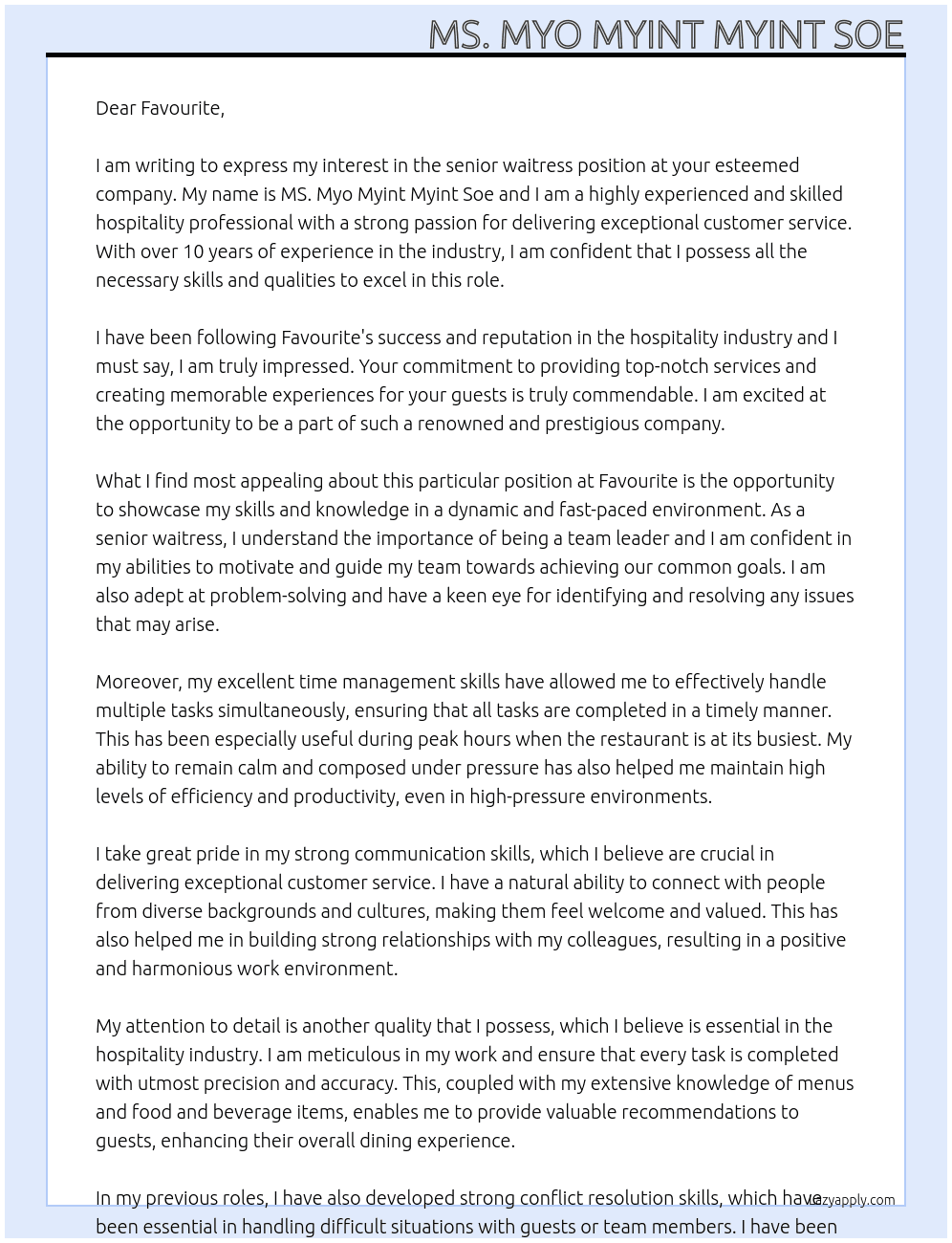 senior waitress At Favourite  Cover Letter