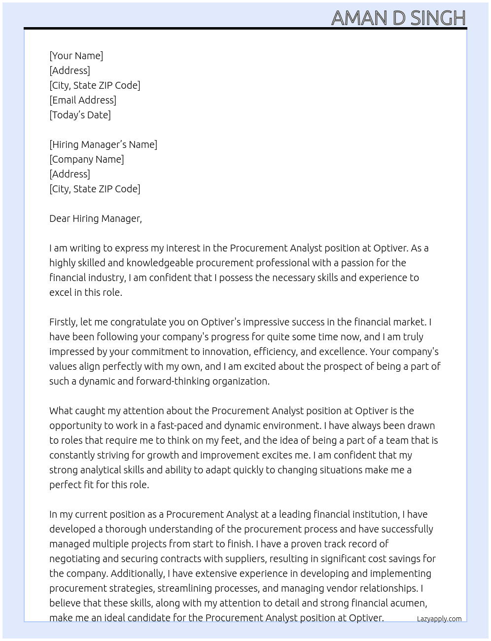 Procurement Analyst At Optiver Cover Letter