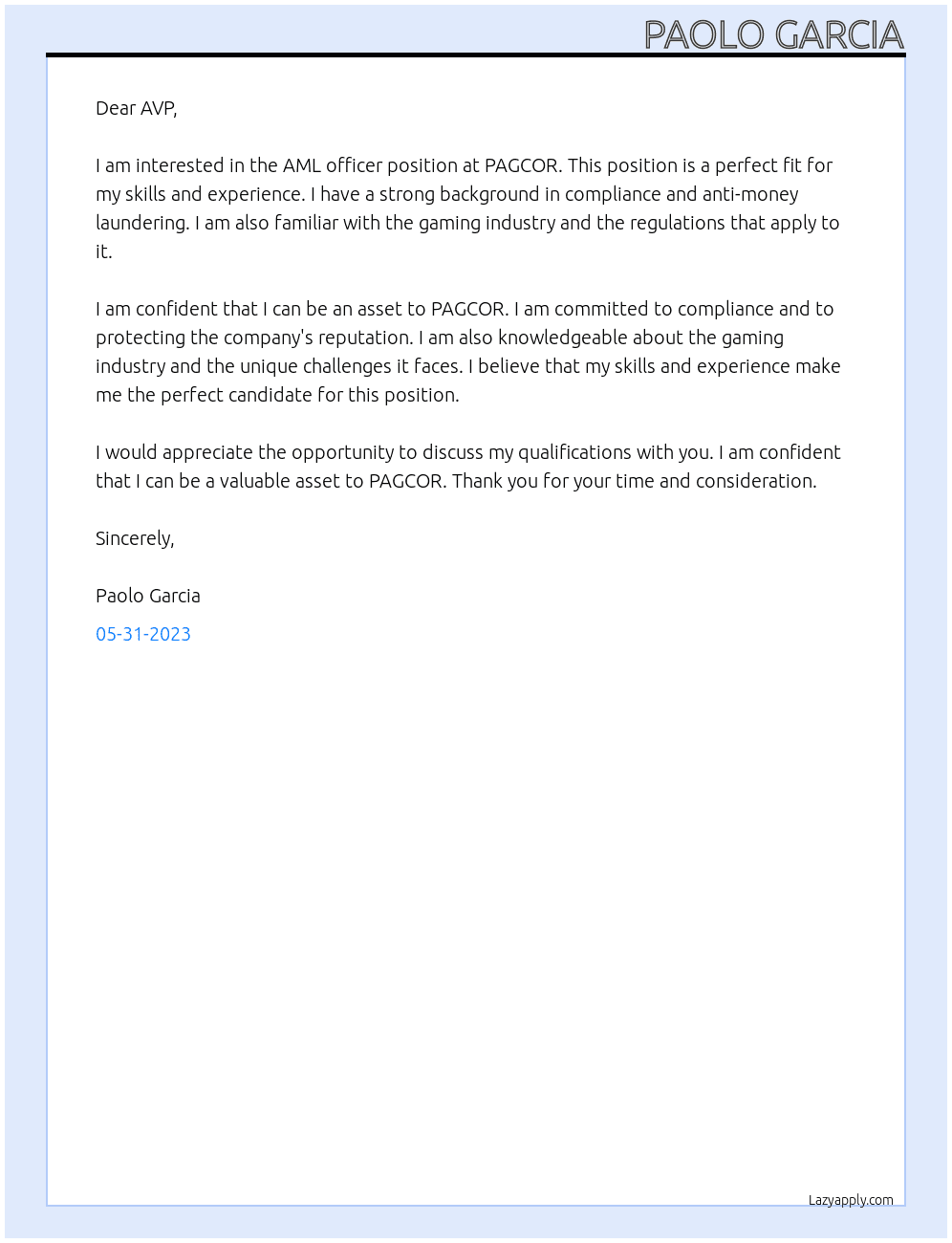 AML officer At PAGCOR Cover Letter
