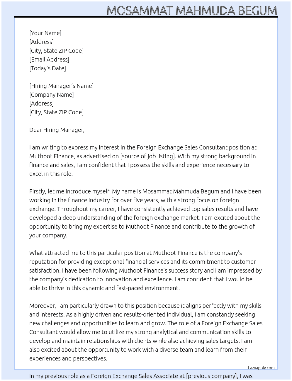 Foreign Exchange Sales Consultant At Muthoot Finance Cover Letter