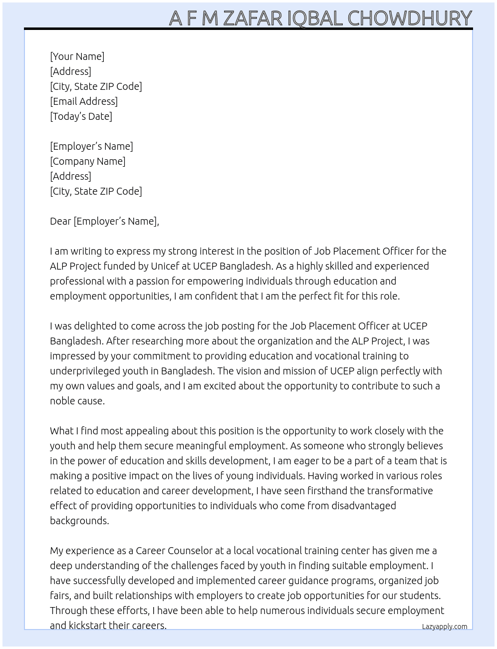 Job Placement Officer (ALP Project funded by Unicef) At ucep bangladesh Cover Letter