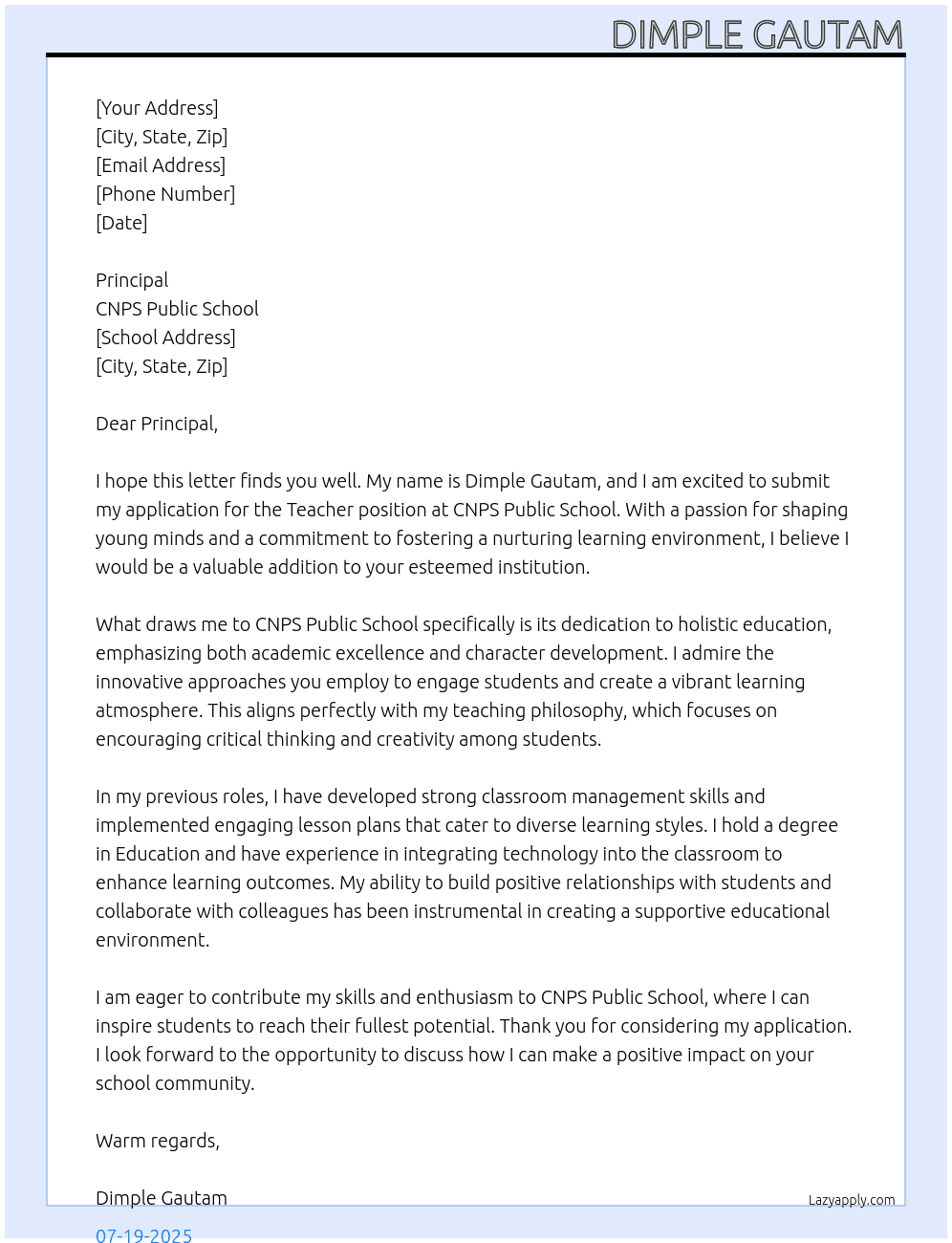 Teacher At CNPS Public School Cover Letter