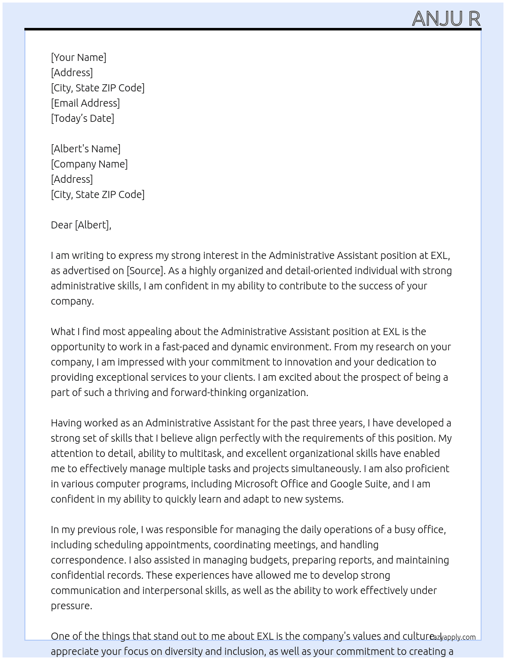 administartive assistant At EXL Cover Letter