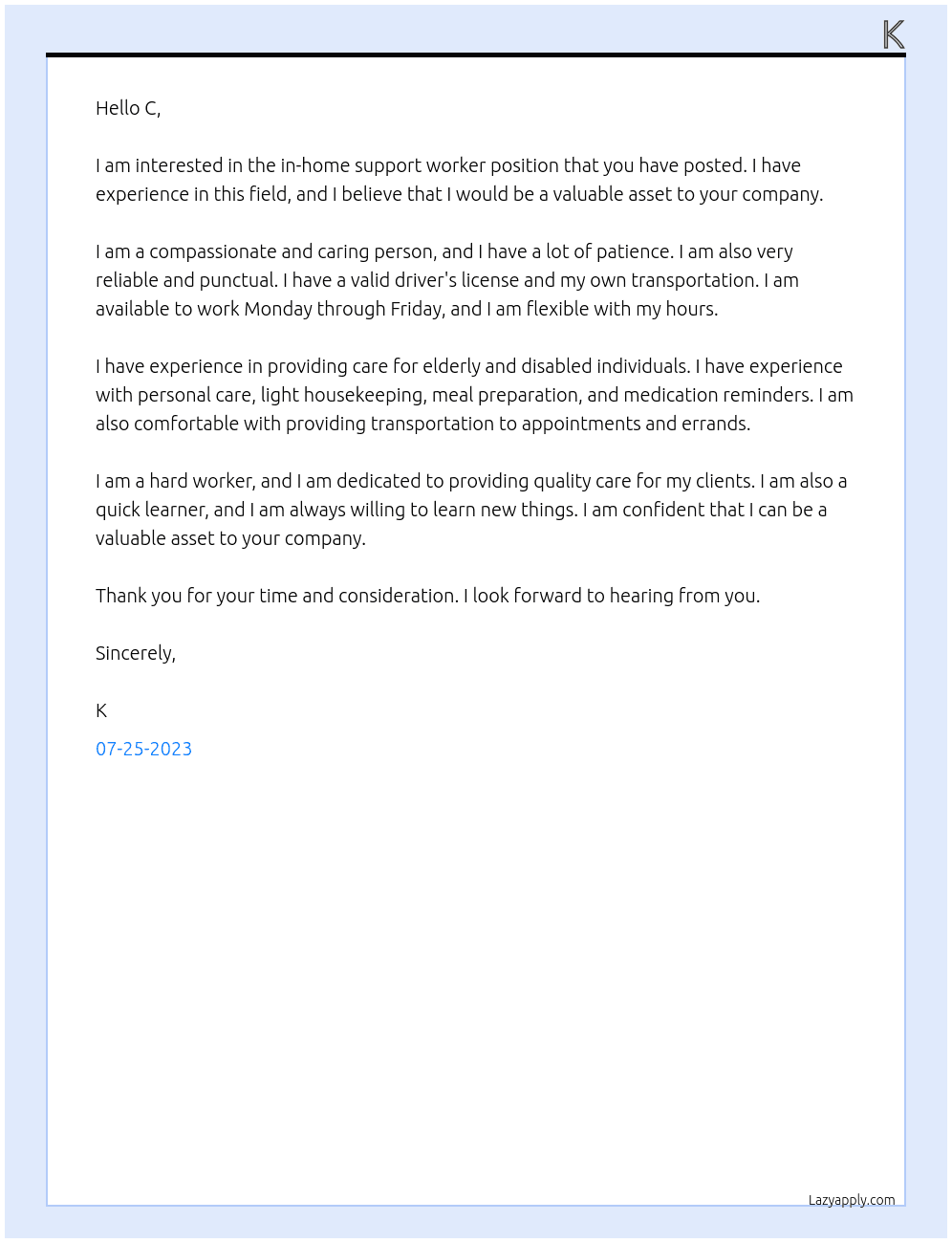 In home support worker  At C Cover Letter