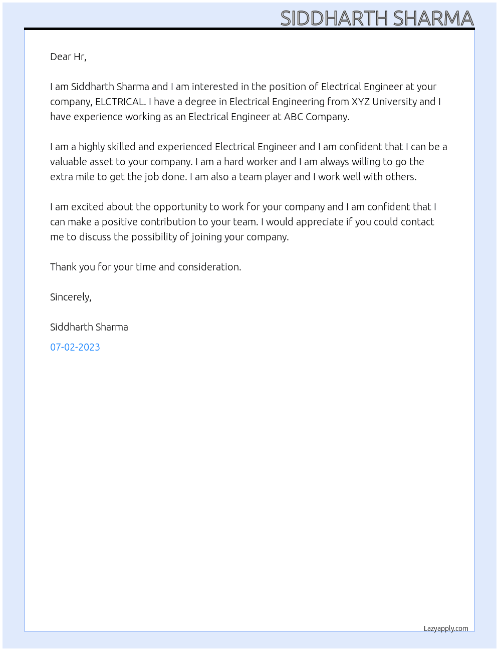 Electrical Engineering  At ELCTRICAL  Cover Letter
