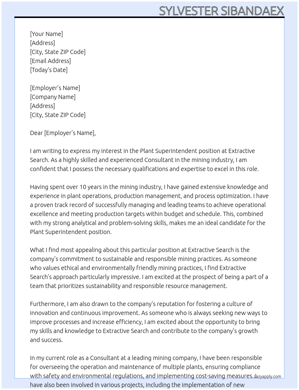 Plant Superintendent At Extractive Search Cover Letter
