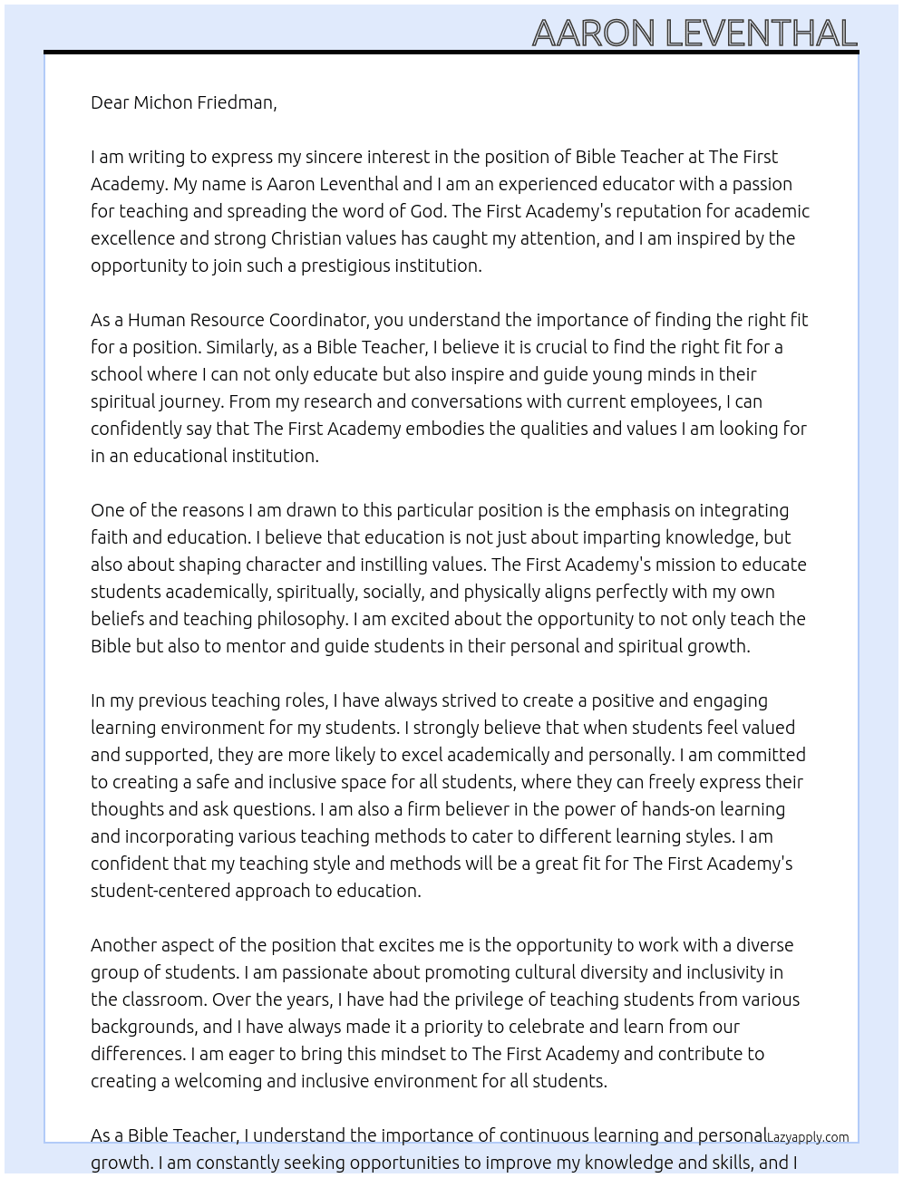 Bible Teacher At The First Academy Cover Letter