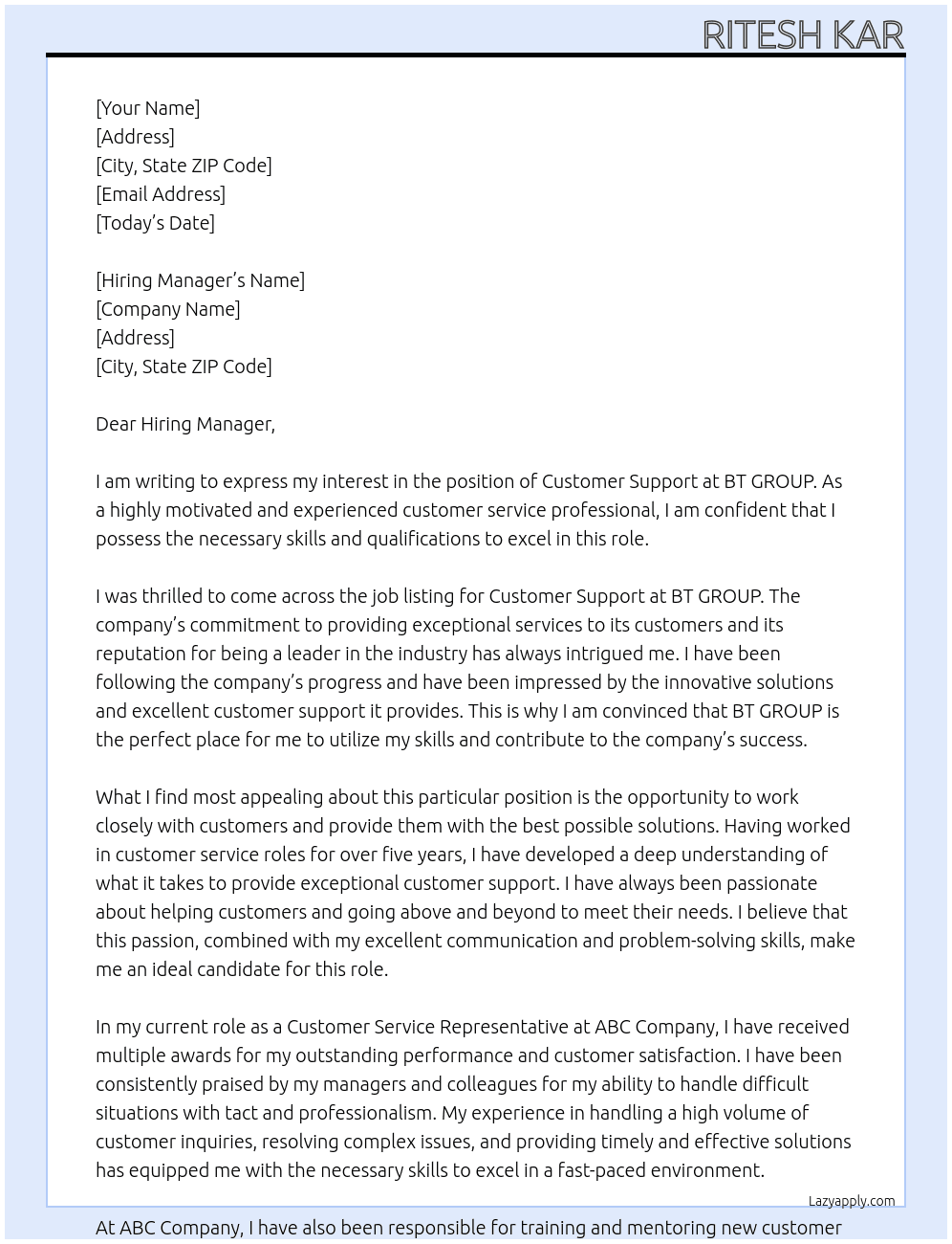 Customer Support  At BT GROUP Cover Letter